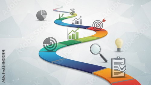 Colorful business strategy roadmap with growth charts, targets, and analysis tools