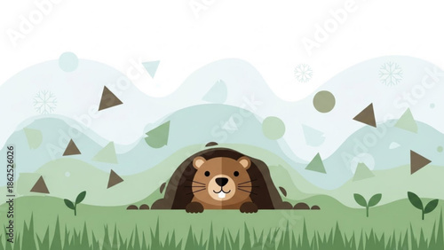 A cute brown cartoon groundhog peeking out from its burrow in a green landscape with abstract