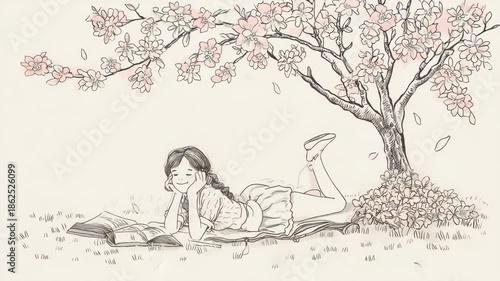 illustration art of girl reading a book under the tree.ai 