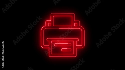 Red neon glow light effect print icon isolated on black background printer loop animation