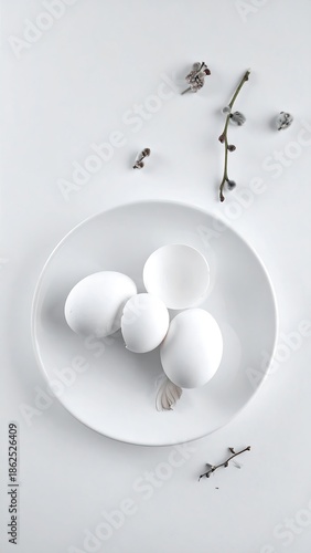 White plate holds three eggs and broken shell, twigs with buds on white surface