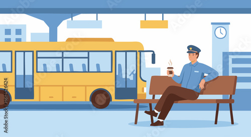 “Bus driver sitting on a bench at a bus terminal during break time, drinking coffee, bus parked in background, flat vector style, solid colours, relaxed atmosphere, minimal environmental detail.”