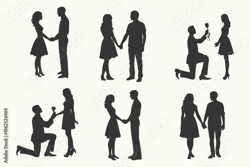 Couple Proposing, holding hands and walking silhouette. Silhouette of a male shadow making a proposal to a surprised lady, marriage. Eps 10