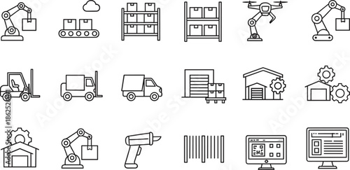 Set of logistics and warehouse automation line icons including delivery truck forklift drone and robotic arm vector isolated