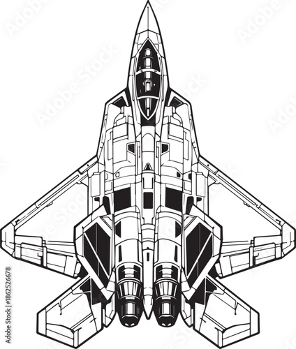 Modern Fighter Jet Descending Technical Top View Illustration