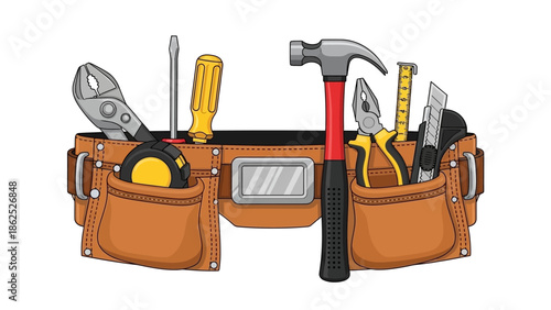Illustration of a handyman's tool belt filled with essential repair and construction instruments.