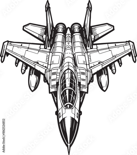Modern Fighter Jet Descending Top View Ink Illustration