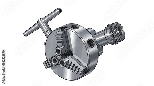 A three-jaw lathe chuck with a key for metalworking and precision machining.