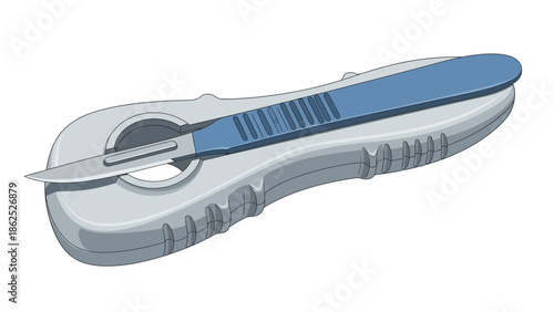 A retractable utility knife with an extended sharp blade on a white background.