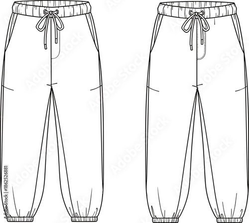 Sweatpants technical drawing vector, men's joggers sketch, casual trousers front view, fashion flat illustration, sportswear apparel design template outline.