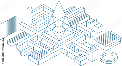 Isometric blue line art illustration of a futuristic architectural complex featuring a central glass pyramid and geometric structures