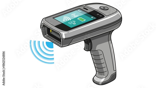 Modern barcode scanner with wireless technology and digital display.