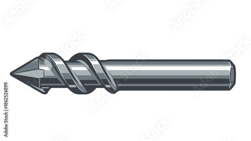 Close-up illustration of a metallic drill bit with a sharp point and spiral flutes.