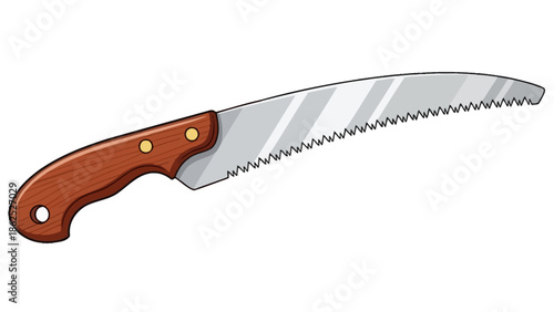 Illustration of a curved hand saw with a wooden handle.