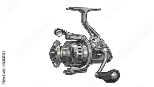 Detailed illustration of a modern fishing reel on a white background.