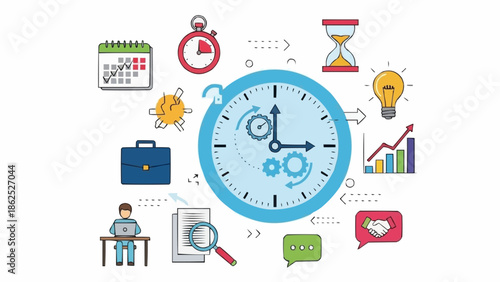 Time Management and Productivity Illustration with Clock and Business Icons.