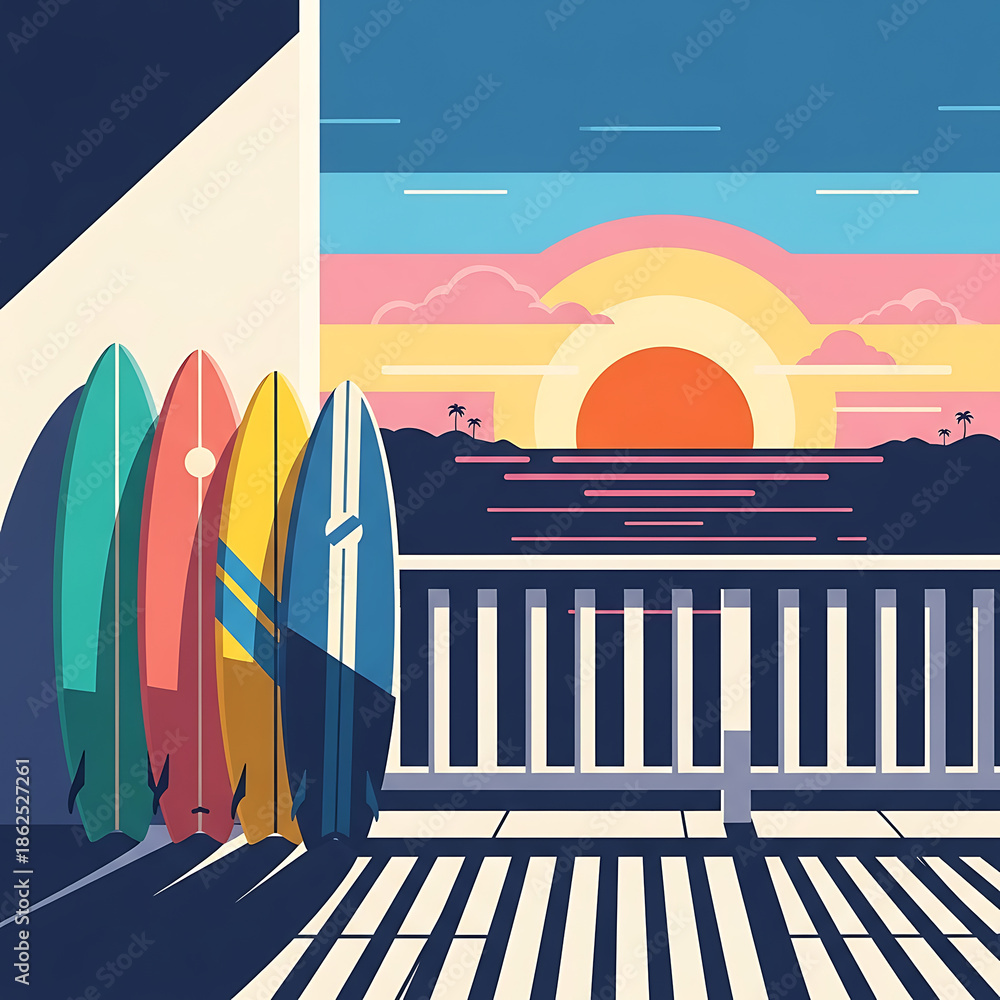 Fototapeta premium surfboards sunset beach illustration for summer vacation travel and tropical leisure activities perfect for lifestyle blogs and advertising concepts.