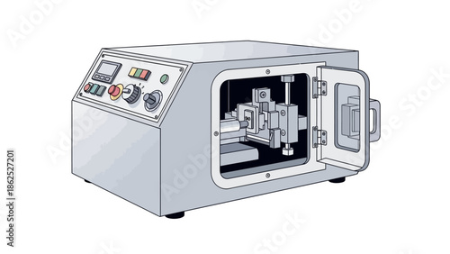 Illustration of a modern industrial machine with open access door and control panel.
