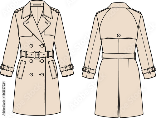 Beige trench coat technical drawing, classic double breasted women jacket vector, fashion flat sketch front and back view, outerwear apparel design template.
