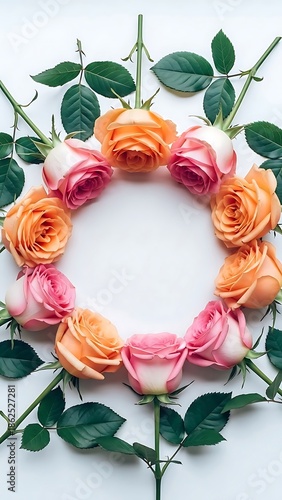 Vibrant rose wreath with pink and orange roses and green leaves