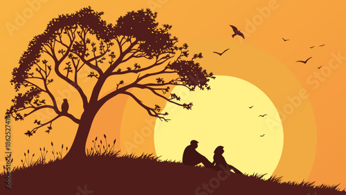 Couple enjoying sunset under a tree Vector, illustration