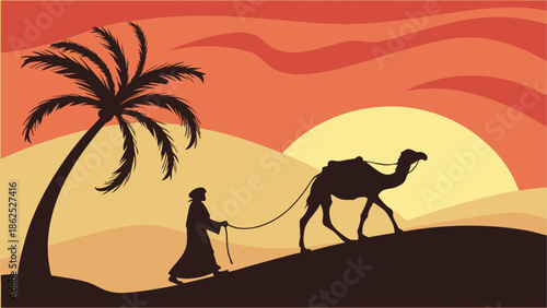Silhouette of a traveler and camel in a desert sunset Vector, illustration