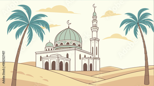 Serene mosque in the desert Vector, illustration