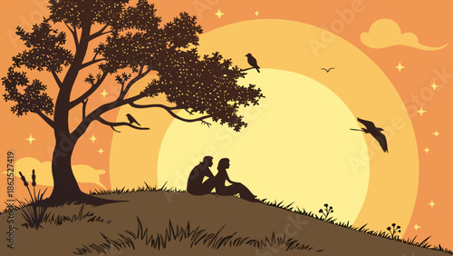 Couple under moonlit tree Vector, illustration