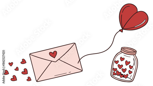 Love letter with heart balloon and jar Vector, illustration