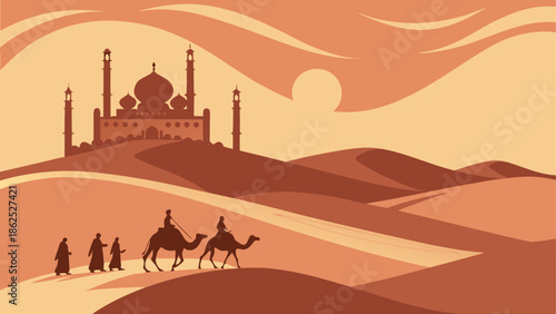 Caravan approaching a desert mosque Vector, illustration
