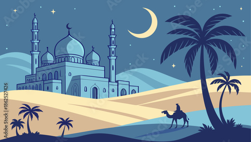 Nighttime journey in the desert Vector, illustration