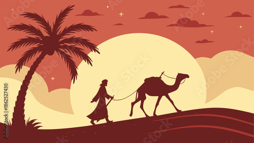 Silhouette of a traveler and camel in the desert Vector, illustration