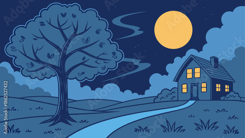 Serene nighttime countryside Vector, illustration