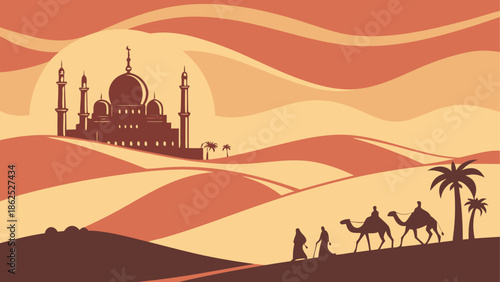 Desert journey towards the mosque Vector, illustration