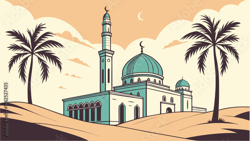 Serene mosque in the desert Vector, illustration