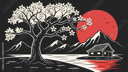 Serene japanese landscape with cherry blossom tree Vector, illustration
