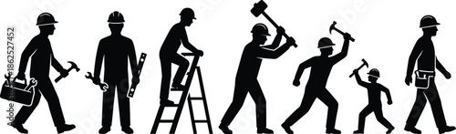 Construction worker silhouette sequence showing tools ladder hammering teamwork and walking poses isolated on white background vector illustration