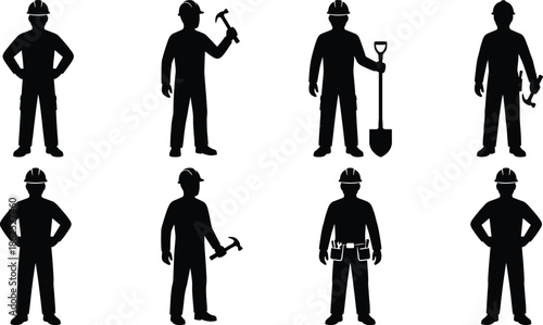 Construction worker silhouette set with tools including hammer shovel wrench and safety helmet isolated on white background