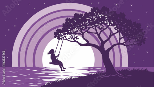 Nighttime swing under the moonlit tree Vector, illustration