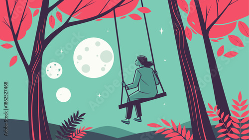 Girl swinging under the moonlit trees Vector, illustration