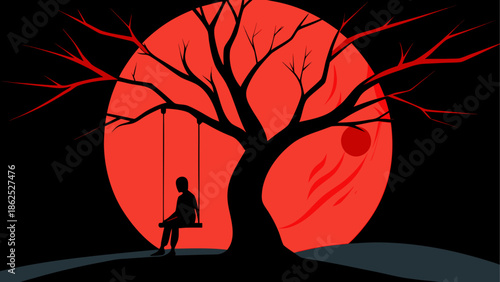 Child on swing under crimson moon Vector, illustration