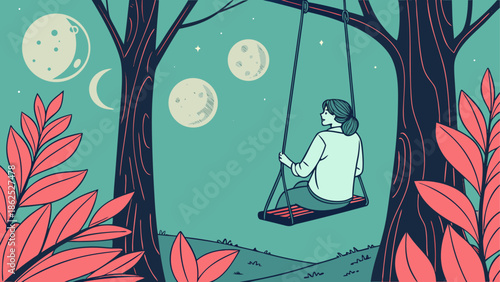 Nighttime swing in the forest Vector, illustration