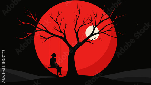 Silhouette on a swing under a red moon Vector, illustration