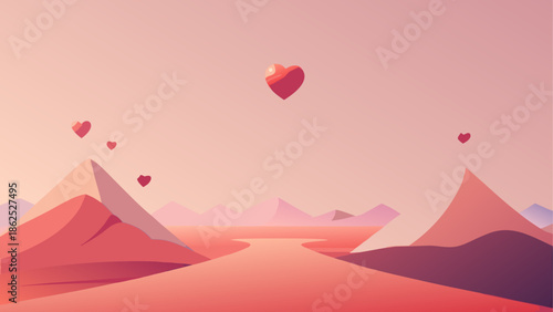 Heart-shaped balloons over desert mountains Vector, illustration