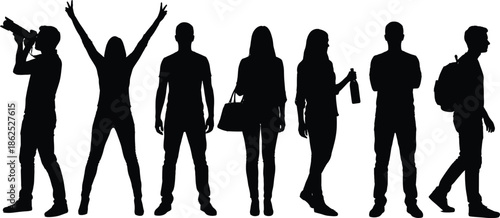 People lifestyle silhouette set showing photographer celebration standing walking daily activities isolated on white background modern vector illustration