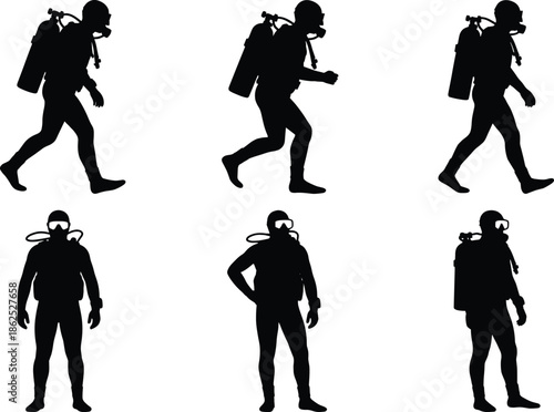Scuba diver silhouette set showing underwater breathing equipment walking standing poses isolated on white background vector illustration
