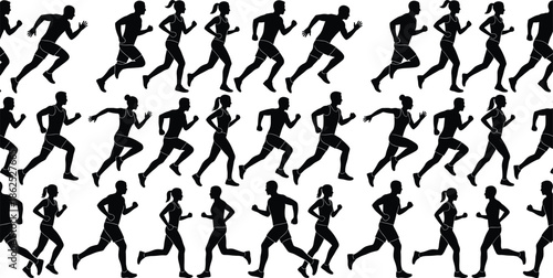 Running people silhouette pattern showing jogging sprinting athletes motion sequence fitness training isolated on white background vector illustration