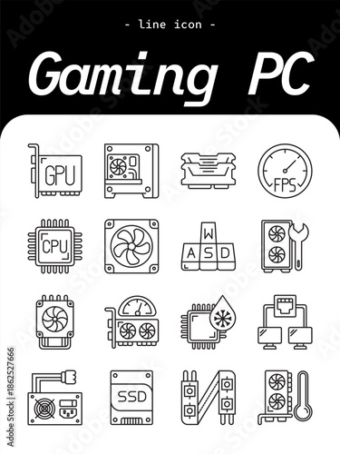 Gaming PC thin line icon set. Computer hardware, esports setup outline icons.
