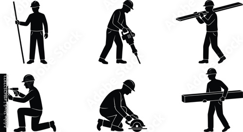 Construction worker activity silhouette set showing drilling cutting carrying materials and manual labor tasks isolated on white background vector illustration