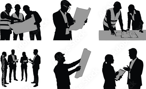 Construction planning silhouette set showing engineers architects and managers reviewing blueprints discussing projects and coordinating site work isolated on white background